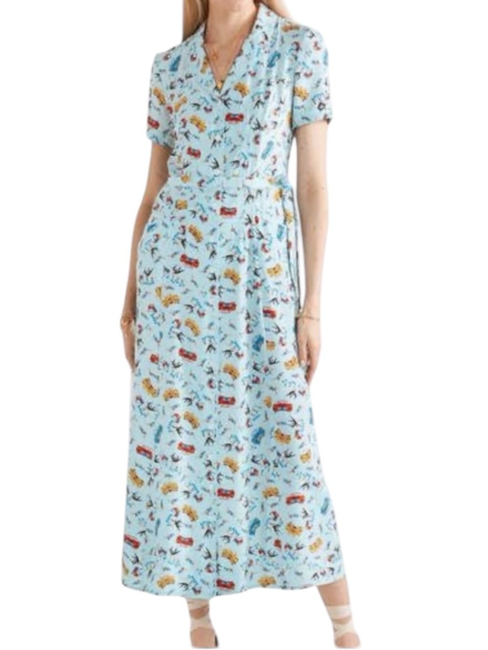 HVN Harley Viera-Newton Maria Long Silk Midi Dress Retro Cars Palm Tree Sky Blue
